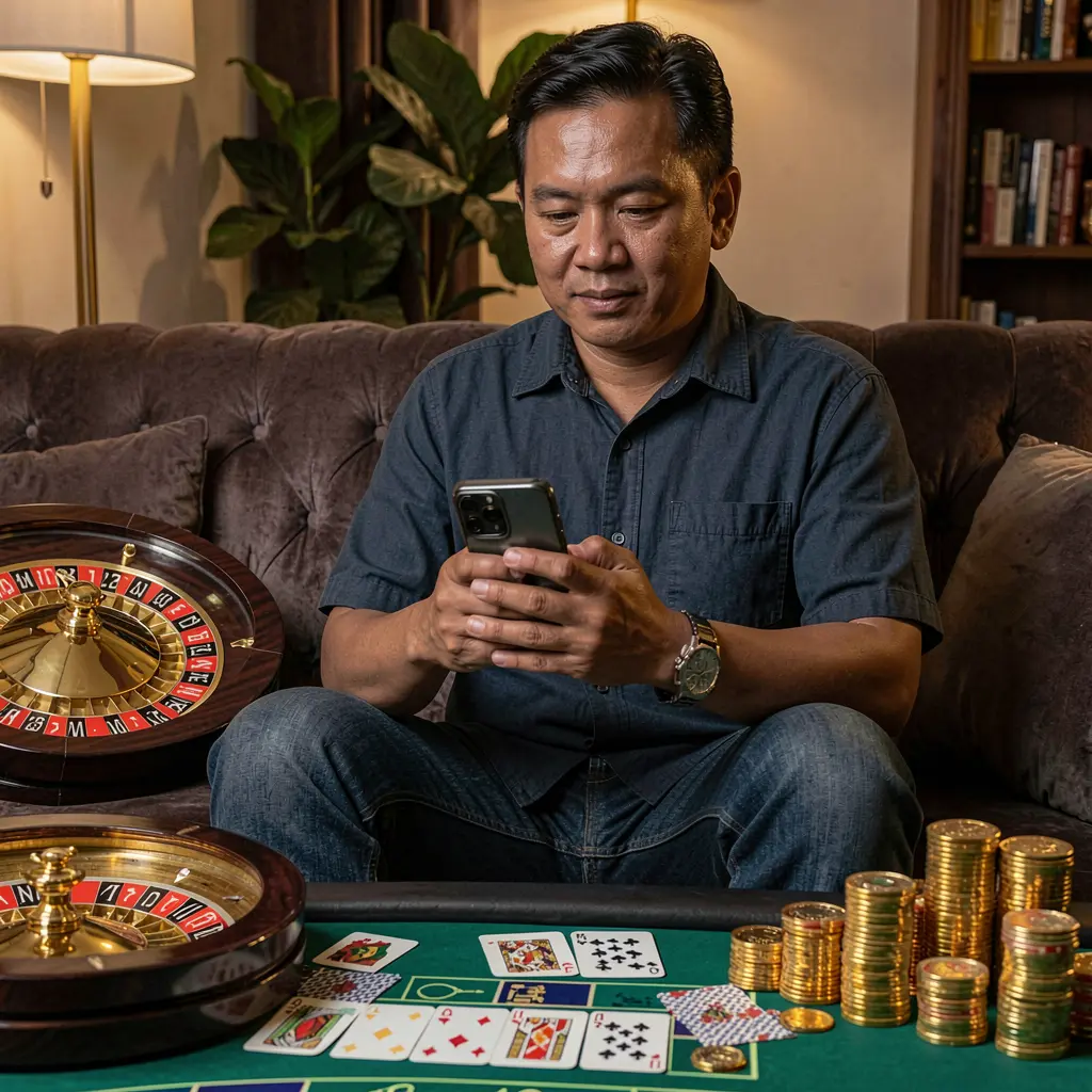 Focused Filipino player using the 5N5N5N casino app on his phone with roulette wheels playing cards and gold coins around him