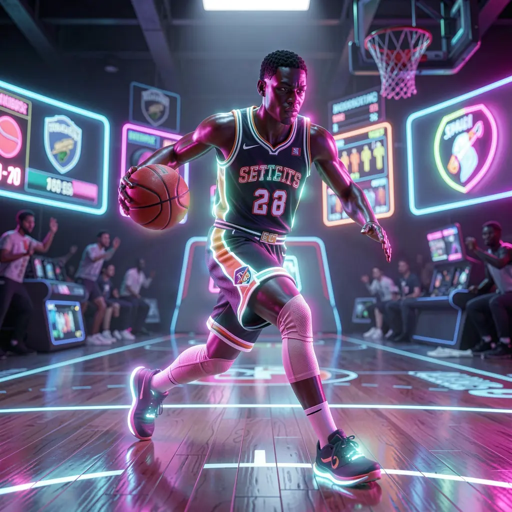 Futuristic basketball player surrounded by glowing rings and dynamic light effects symbolizing secure and innovative sports betting on 5N5N5N