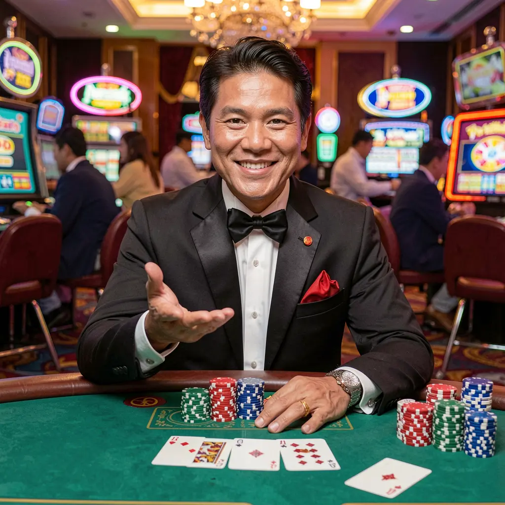 Stylish casino host inviting players to sign in at a vibrant gaming table with chips and cards inside the 5N5N5N online casino platform for the Philippines